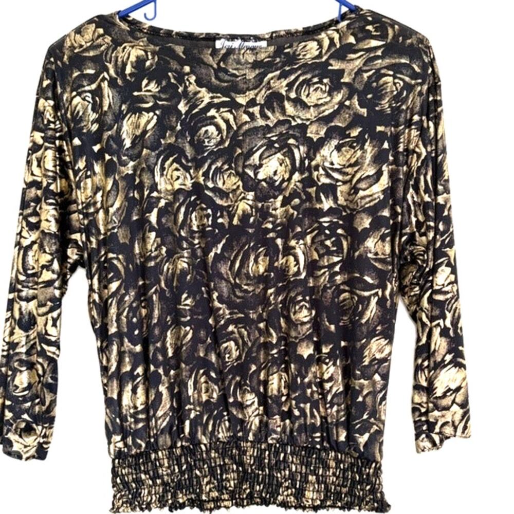 Jeri Marque Vintage Black Gold Metallic Rose Print Long Sleeve Top Medium